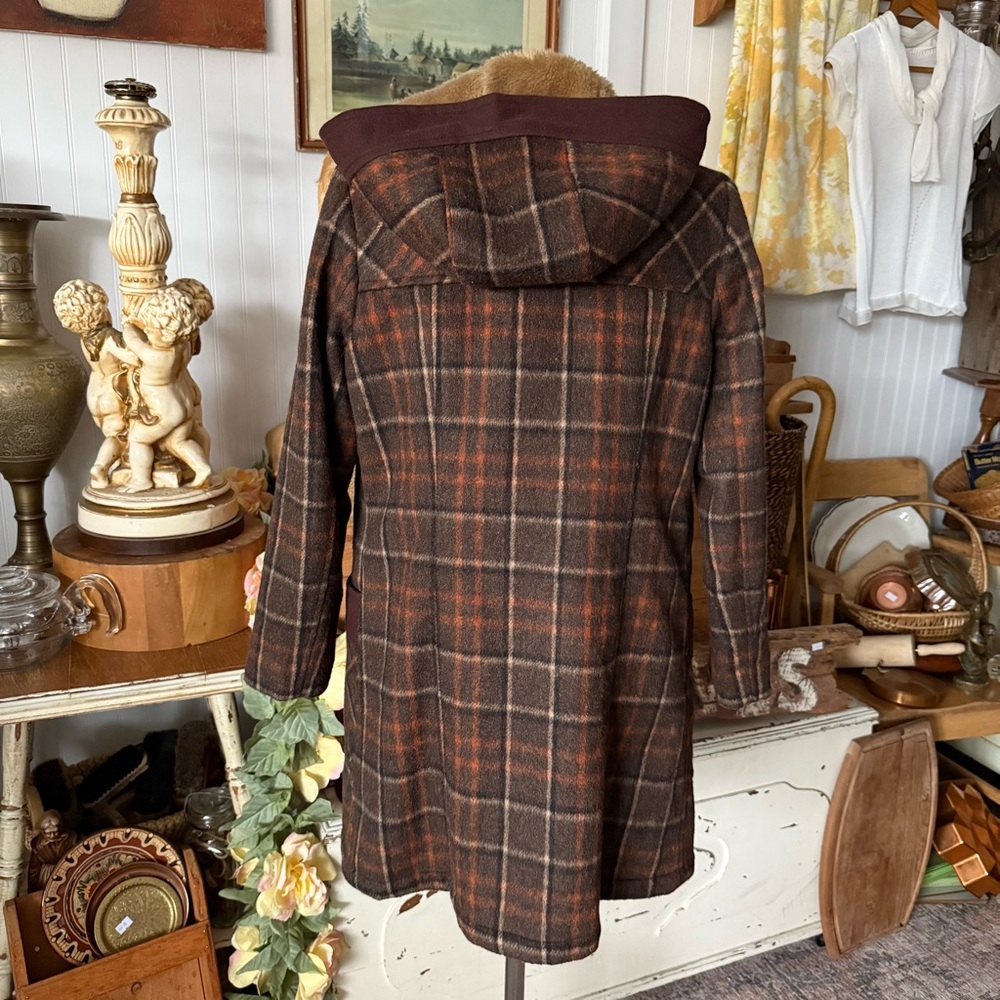 Womens Brown Plaid Toggle Coat with Faux Fur Hood - Picture 2 of 4